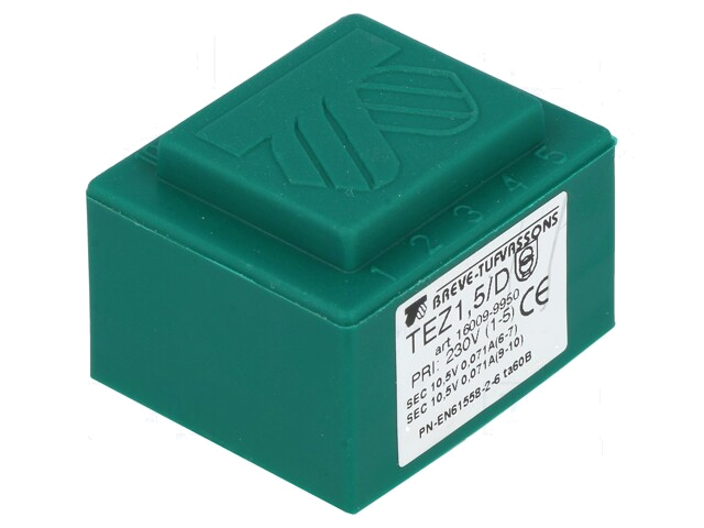 Transformator: ingegoten; 1,5VA; 230VAC; 10,5V; 10,5V; 7,1mA; PCB Transformator: ingegoten; 1,5VA; 230VAC; 10,5V; 10,5V; 7,1mA; PCB